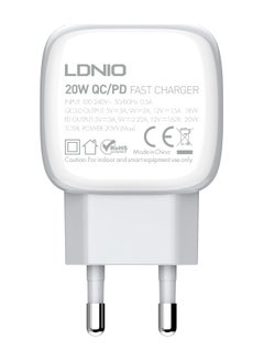 إل دينو LDNIO A2313C شاحن الهاتف المحمول بقابس الاتحاد الأوروبي مع كابل Lightning ومنفذ USB من النوع C 20 وات - أبيض  - Image 5