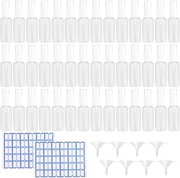 MOUYAT 60 PCS 30ml Clear Spray Bottles Plastic Fine Mist Spray Bottles with Funnels And Labels Plastic Refillable Spray Travel Bottle for Essential Oils Perfumes Floral Waters - Image 1