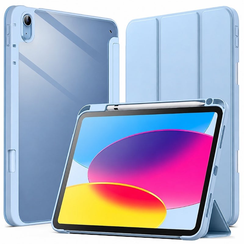 iPad A16 11th/10th Gen (2025/2022) case with pencil holder, clear transparent polycarbonate back, slim foldable stand, shockproof protection, auto wake/sleep function - Image 1