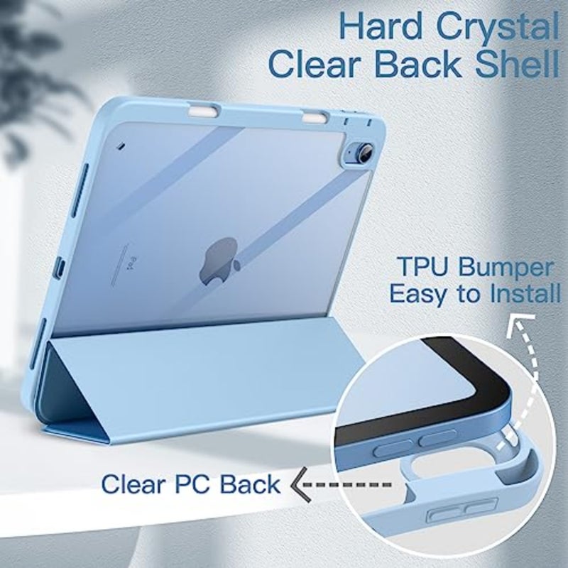 iPad A16 11th/10th Gen (2025/2022) case with pencil holder, clear transparent polycarbonate back, slim foldable stand, shockproof protection, auto wake/sleep function - Image 3