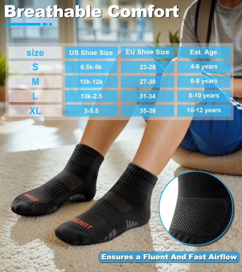 Bigant Kids Ankle Socks Cushioned Athletic Quarter Socks for Boys Girls Youth School Sports Seamless Toe Arch Support 6 Pairs (Black,Large) - Image 3