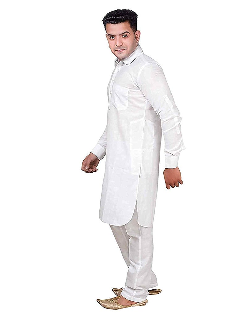 Royal Kurta Mens Linen Cotton Classic Collar Pathani Suit Set (42, White) - Image 3