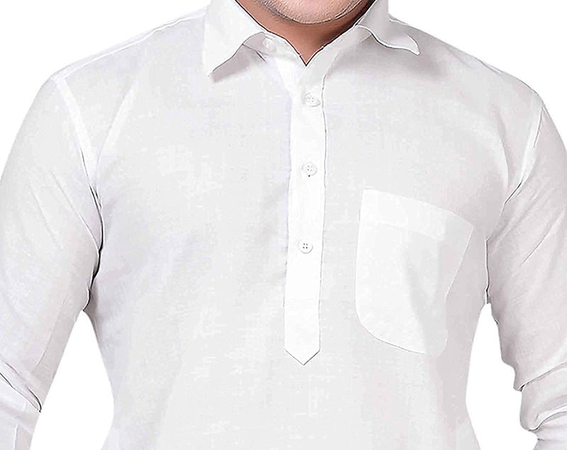 Royal Kurta Mens Linen Cotton Classic Collar Pathani Suit Set (42, White) - Image 4