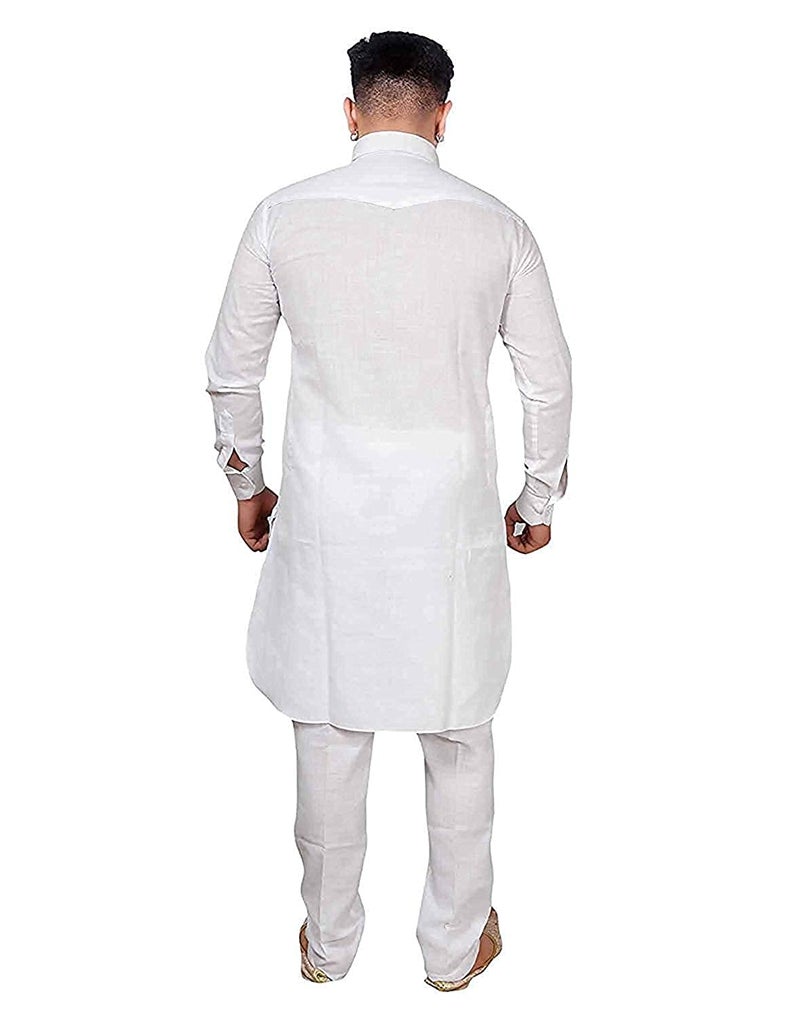 Royal Kurta Mens Linen Cotton Classic Collar Pathani Suit Set (42, White) - Image 2