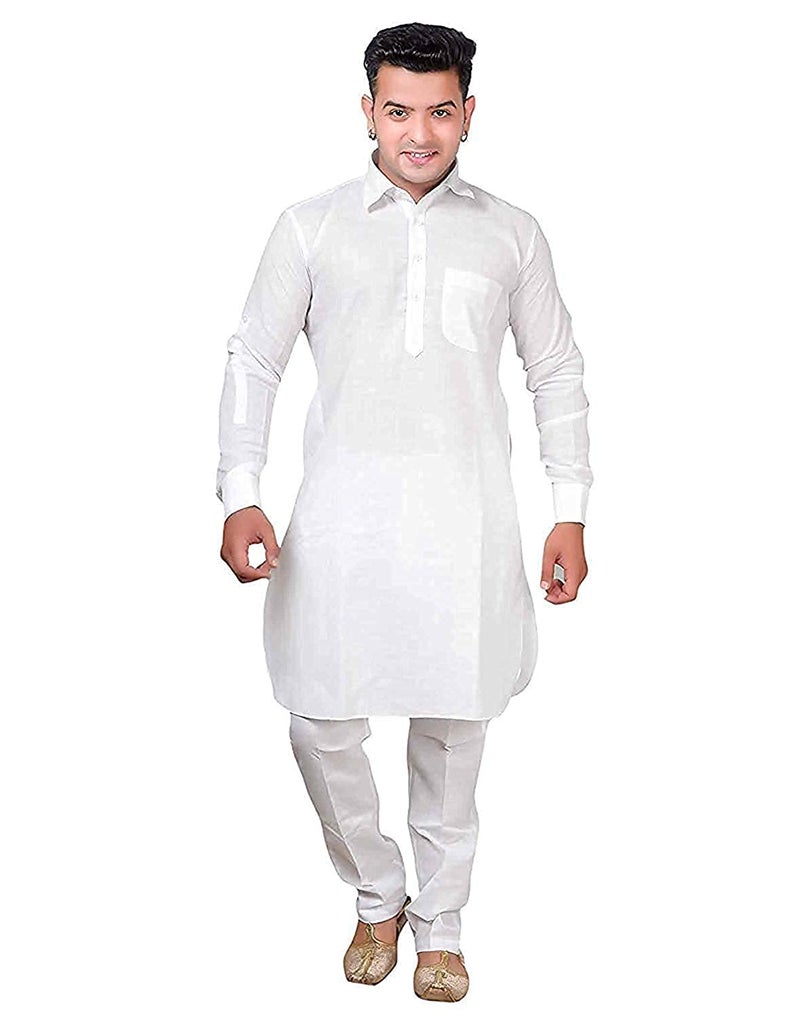 Royal Kurta Mens Linen Cotton Classic Collar Pathani Suit Set (42, White) - Image 5