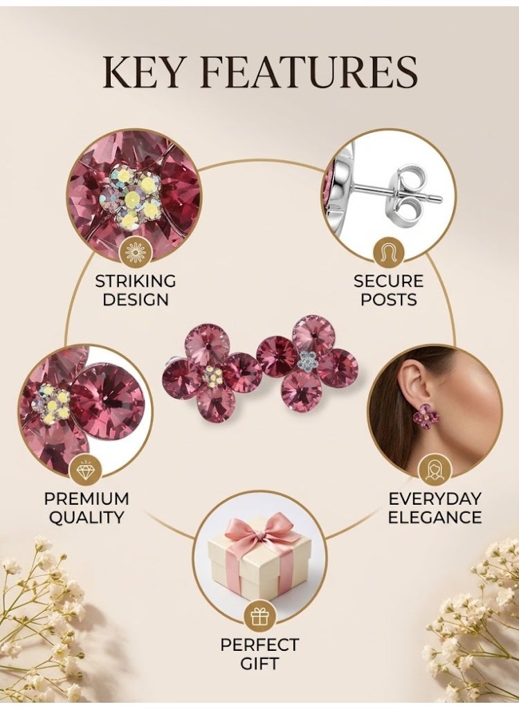 R.C.E Accessories Crystal Blossom Earrings for Women & Girls – Pink Petal Floral Design with Sparkling Crystals, Elegant Fashion Jewelry - Image 3