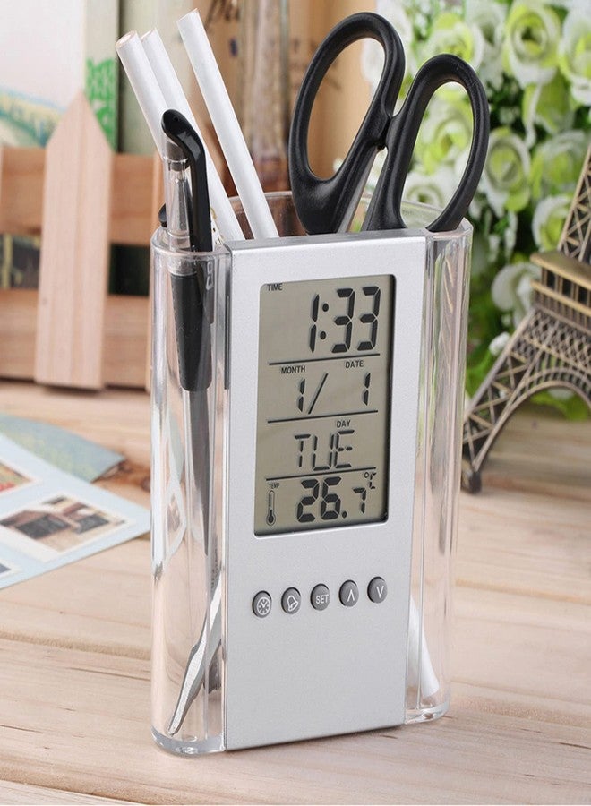Pilipane Digital Alarm Clock Temperature Display Table Pencil Holder Case Organizer with Large LCD Screen Multifunctional Alarm Clock Pen Holder for Kids Friends ABS Material 12x10x5cm - Image 5