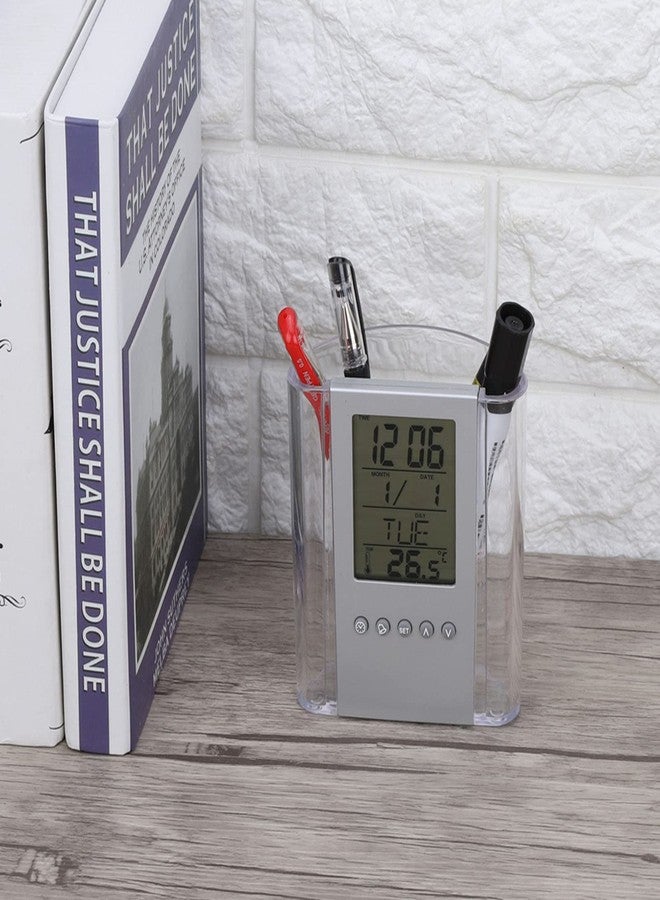 Pilipane Digital Alarm Clock Temperature Display Table Pencil Holder Case Organizer with Large LCD Screen Multifunctional Alarm Clock Pen Holder for Kids Friends ABS Material 12x10x5cm - Image 3