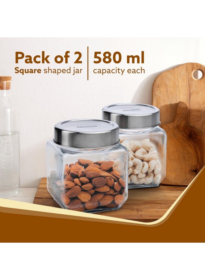 AGARO Elegant Cube Jar 580 ml, Square Shaped, Transparent Lid With Steel Finish, Storage Glass Container, Transparent, Kitchen Organiser, Multipurpose Jar, Pack of 2. - Image 2