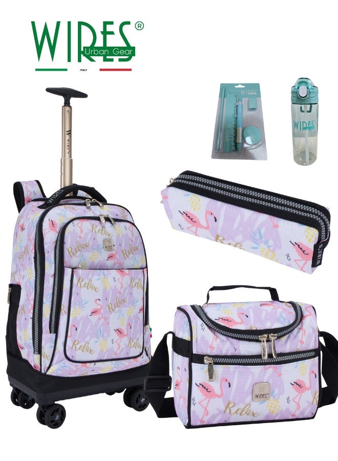 Wires Kids School Trolley Bag laptop compartment 4 Wheels With Lunch bag & Pencil Case  - Image 1