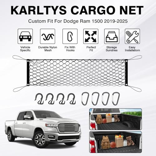 Karltys شبكة حمولة سرير الشاحنة من كارلتيز لدودج رام 1500 2019-2024 2025 2026، شبكة خلفية بأسلوب الظرف لشاحنة البيك أب لملحقات رام 1500، شبكة تخزين من النايلون الثقيل مع خطافات - Image 2