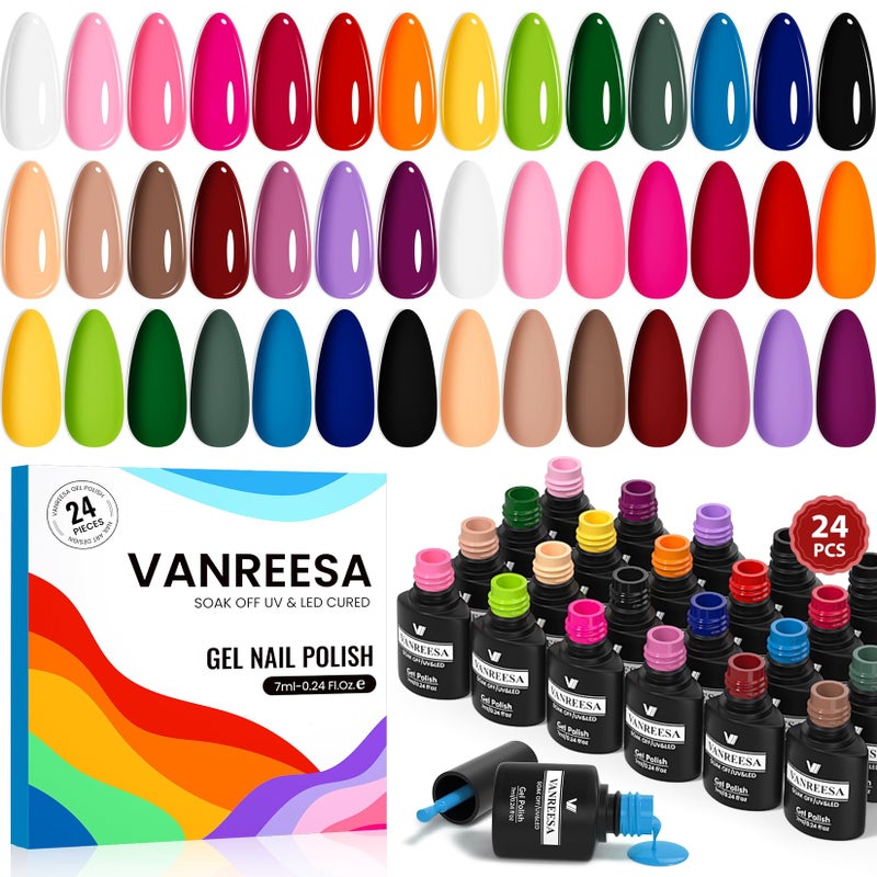 VANREESA مجموعة طلاء الأظافر الجل من فانريسا 24 قطعة، 21 لون من طلاء الجل مع طبقة أساسية وطبقة علوية لامعة ومطفية باللون الوردي والأحمر والبرتقالي والأصفر والأخضر والأزرق والبنفسجي والبني، مجموعة طلاء الأظافر هدايا للنساء - Image 1