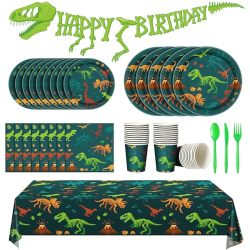 Uiifan 171 Pcs Dinosaur Birthday Decorations Party Supplies with Dinosaur Birthday Plates Paper Cups Table Cloths Napkins Tableware Pack Dino Banner for Dino Theme Party Plates Supplies Decorations - Image 1