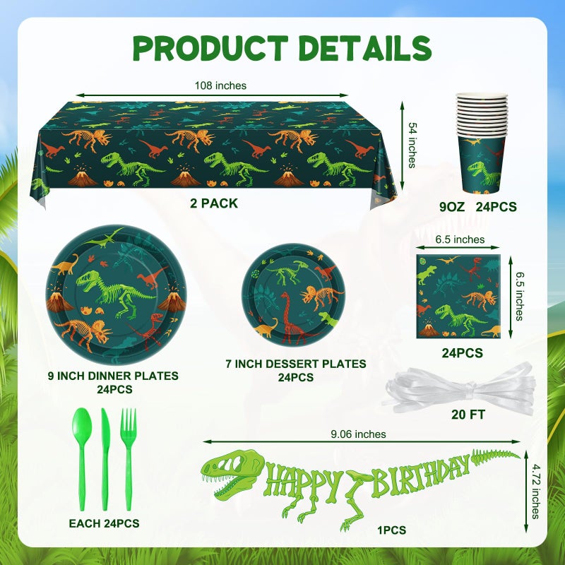 Uiifan 171 Pcs Dinosaur Birthday Decorations Party Supplies with Dinosaur Birthday Plates Paper Cups Table Cloths Napkins Tableware Pack Dino Banner for Dino Theme Party Plates Supplies Decorations - Image 3