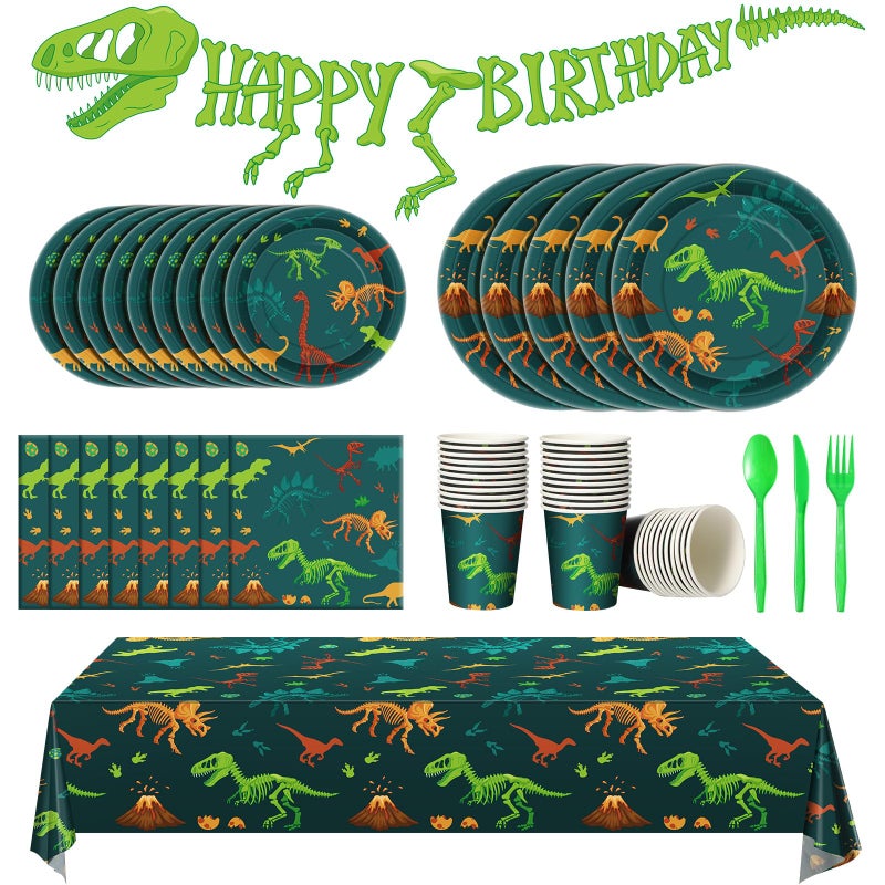 Uiifan 171 Pcs Dinosaur Birthday Decorations Party Supplies with Dinosaur Birthday Plates Paper Cups Table Cloths Napkins Tableware Pack Dino Banner for Dino Theme Party Plates Supplies Decorations - Image 2