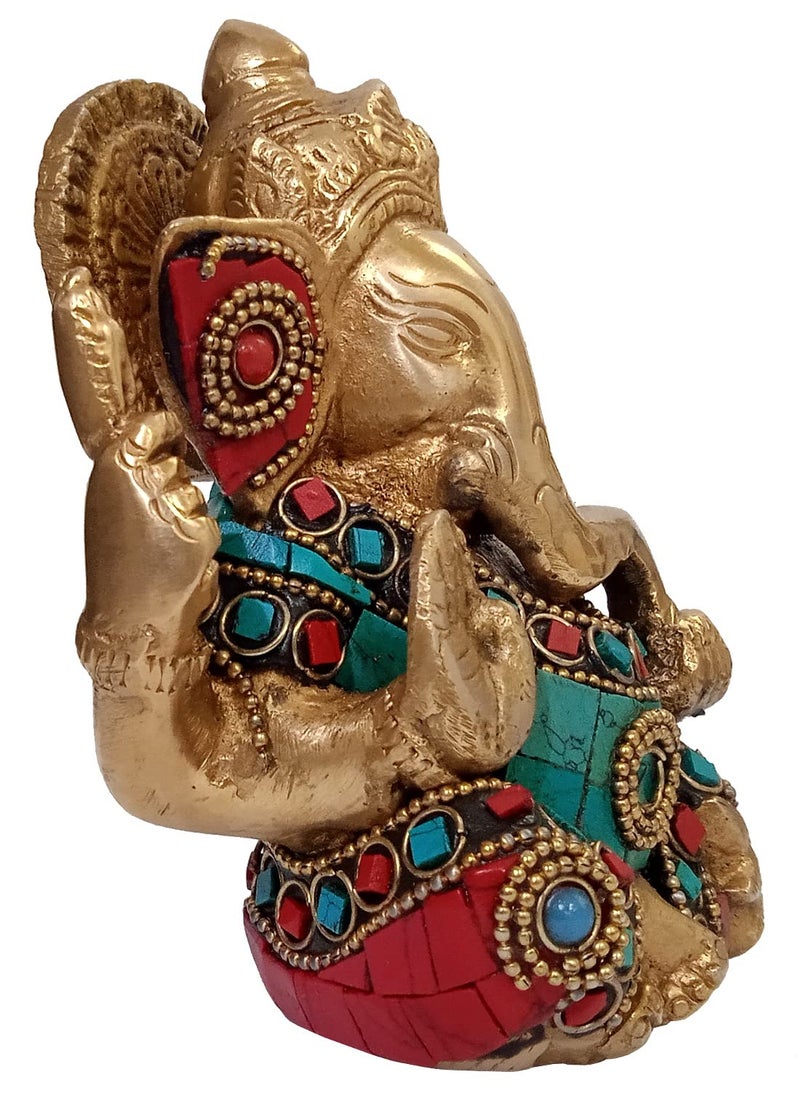 Purpledip Hindu Religious God Statue of Lord Ganesha (Ganapathi or Vinayaka) in Solid Brass Metal with Turquoise Gem-Stone Work (10320) - Image 3