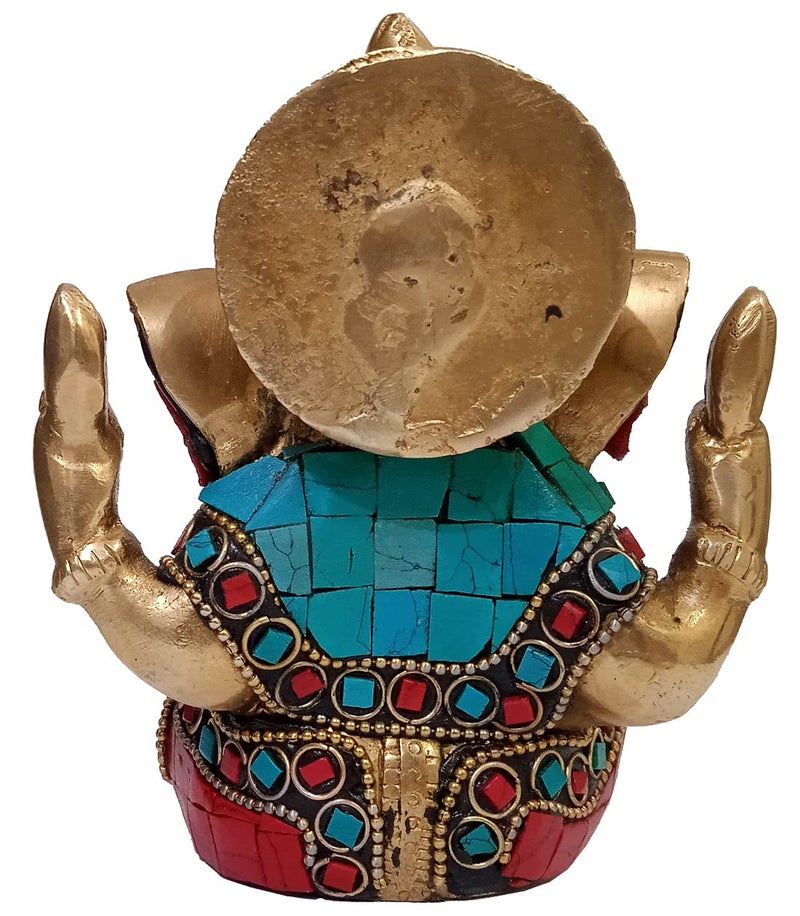 Purpledip Hindu Religious God Statue of Lord Ganesha (Ganapathi or Vinayaka) in Solid Brass Metal with Turquoise Gem-Stone Work (10320) - Image 5