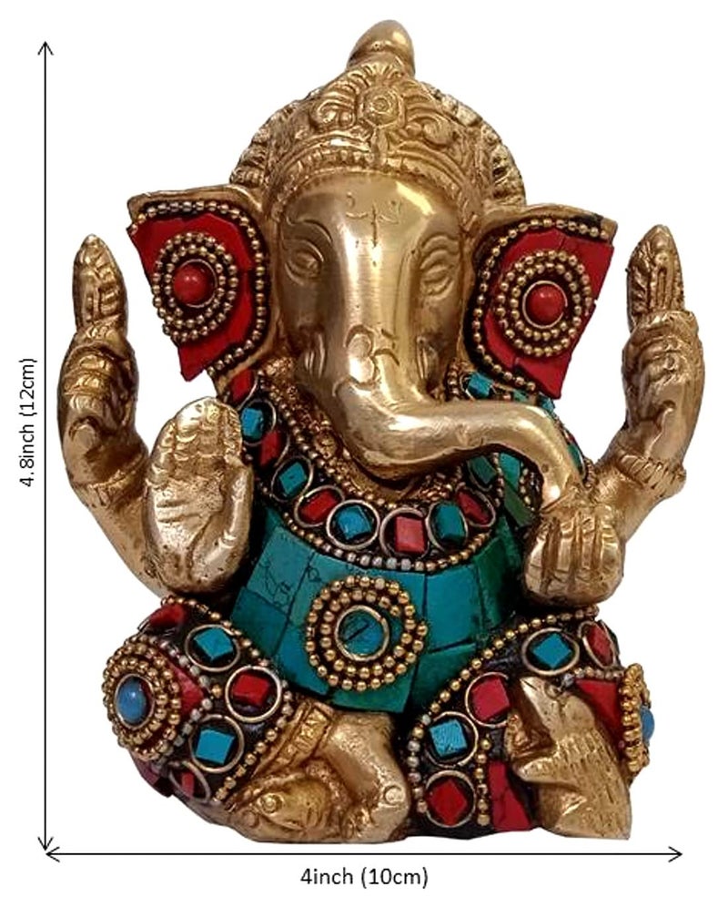 Purpledip Hindu Religious God Statue of Lord Ganesha (Ganapathi or Vinayaka) in Solid Brass Metal with Turquoise Gem-Stone Work (10320) - Image 4