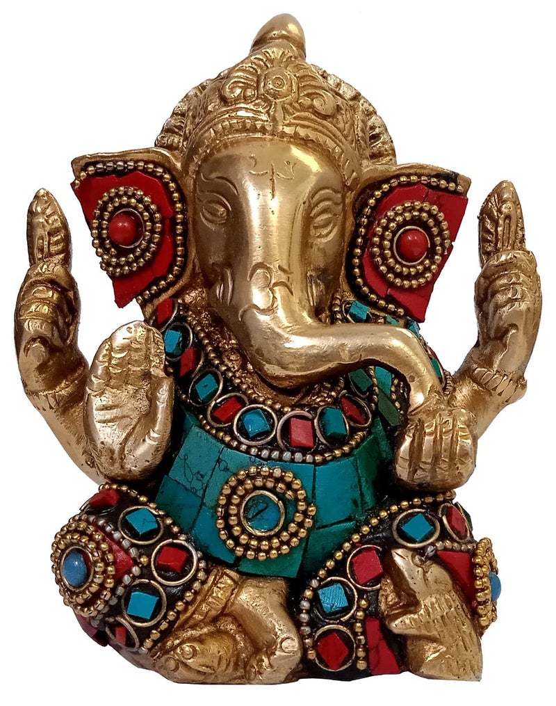 Purpledip Hindu Religious God Statue of Lord Ganesha (Ganapathi or Vinayaka) in Solid Brass Metal with Turquoise Gem-Stone Work (10320) - Image 2