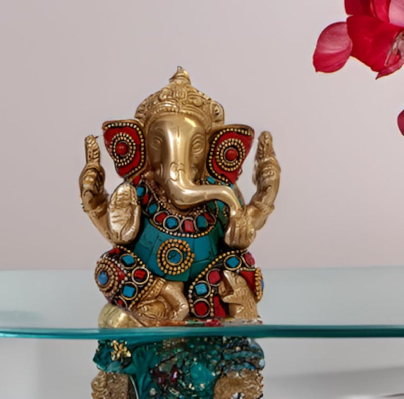 Purpledip Hindu Religious God Statue of Lord Ganesha (Ganapathi or Vinayaka) in Solid Brass Metal with Turquoise Gem-Stone Work (10320) - Image 1