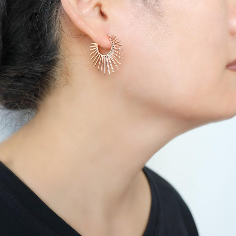 BaubleStar Sunburst Hinged Hoop Earrings Trendy Statement Chunky Thin Open Textured Huggie Earring Hinge Hoops for Women 14K Rosegold Plated - Image 2