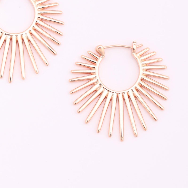 BaubleStar Sunburst Hinged Hoop Earrings Trendy Statement Chunky Thin Open Textured Huggie Earring Hinge Hoops for Women 14K Rosegold Plated - Image 3