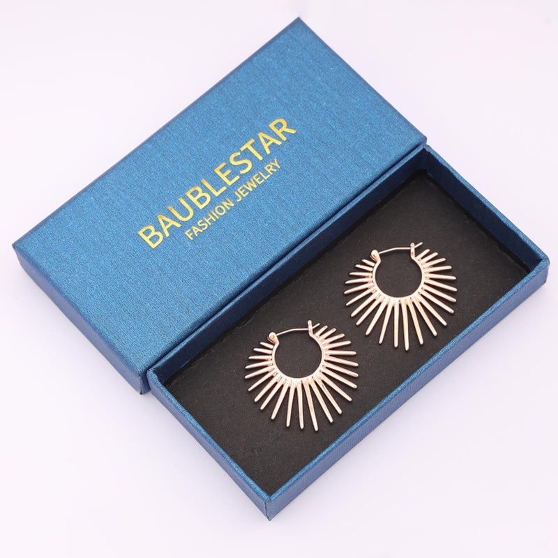 BaubleStar Sunburst Hinged Hoop Earrings Trendy Statement Chunky Thin Open Textured Huggie Earring Hinge Hoops for Women 14K Rosegold Plated - Image 5