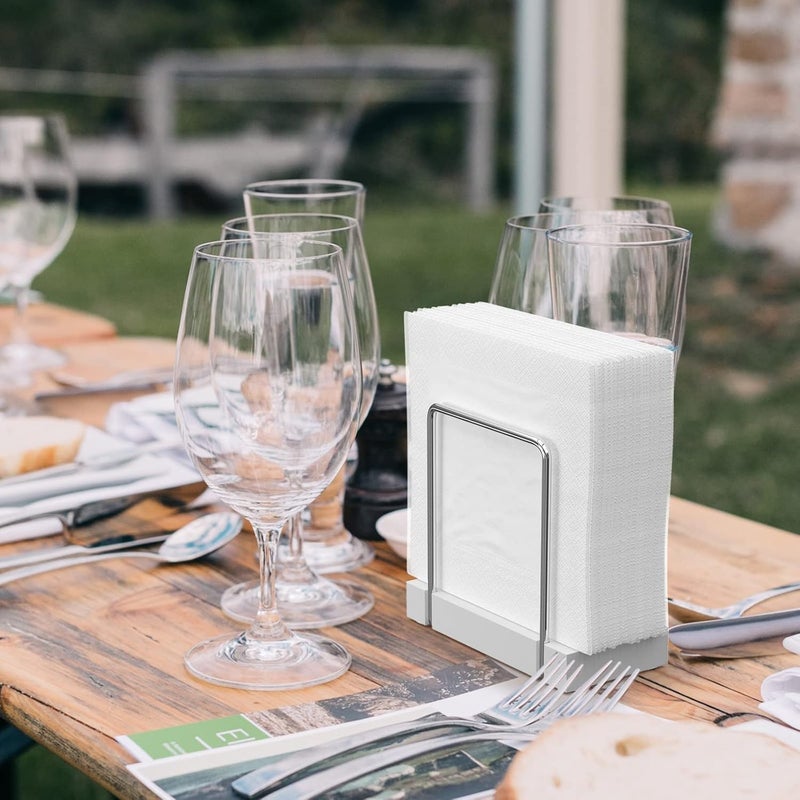 Wican Napkin Holder for Table, Bamboo Iron Standing Napkin Dispenser for Kitchen Dining Table Farmhouse Cocktail Picnic Rustic Wood Holders for Mail Bills Suitable for All Dining Room Decors Silvery & White - Image 4