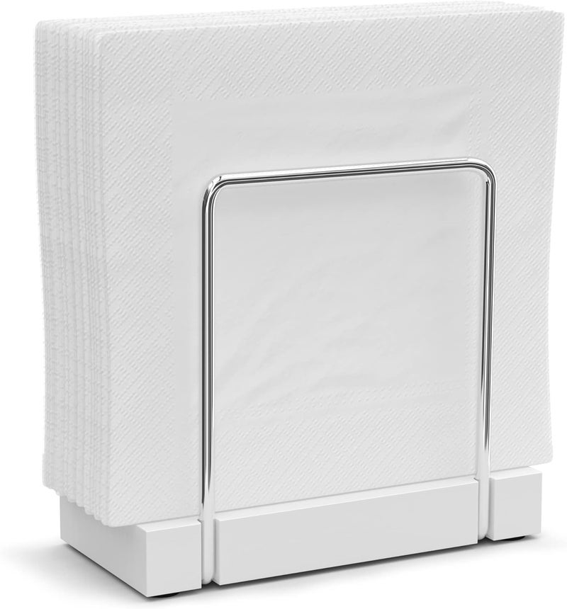 Wican Napkin Holder for Table, Bamboo Iron Standing Napkin Dispenser for Kitchen Dining Table Farmhouse Cocktail Picnic Rustic Wood Holders for Mail Bills Suitable for All Dining Room Decors Silvery & White - Image 1