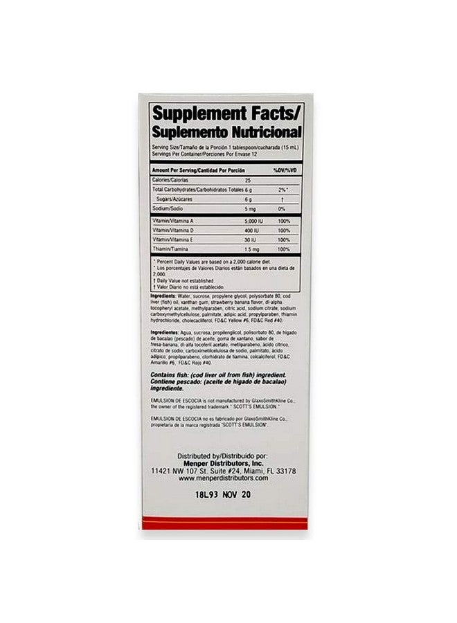 Menper Emulsion De Escocia. Cod Liver Oil Dietary Supplement. Rich In Vitamins A D E And B1. Strawberry And Banana Flavour. 6.5 Fl.Oz / 192 Ml. Pack Of 3 - Image 3