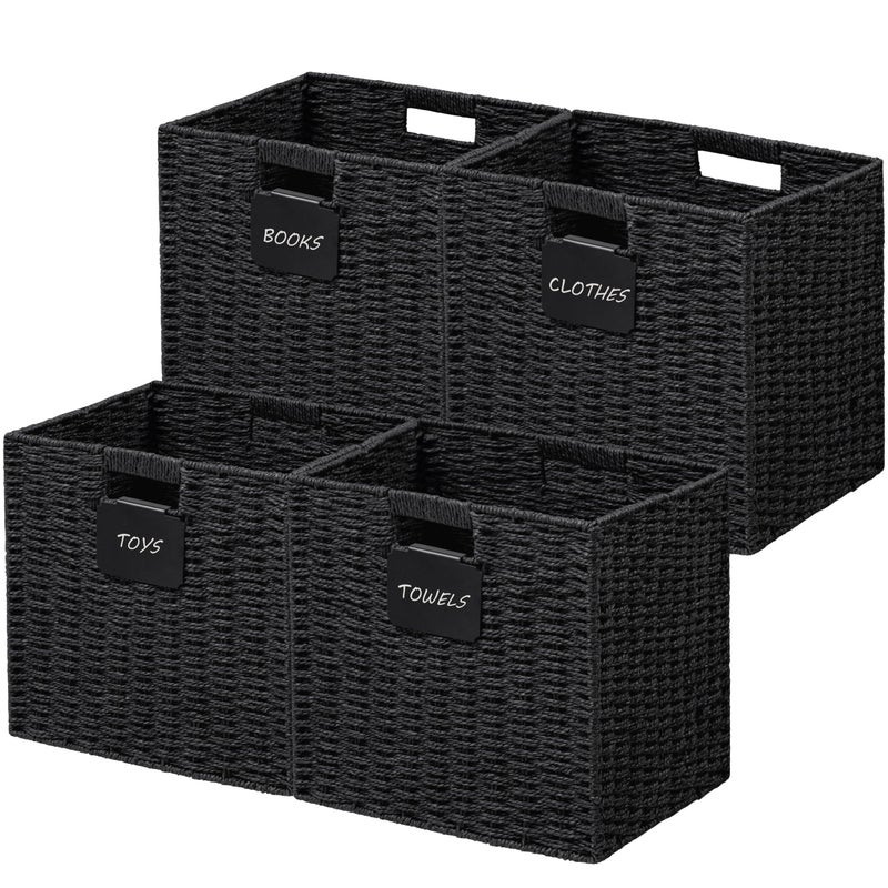 UBBCARE 4 Pack Wicker Basket, 13Ã—13 Storage Cubes with Label, Foldable Cube Storage Bin with Handle, Square Storage Basket for Shelves, Woven Paper Rope Basket for Organizing, Black - Image 1