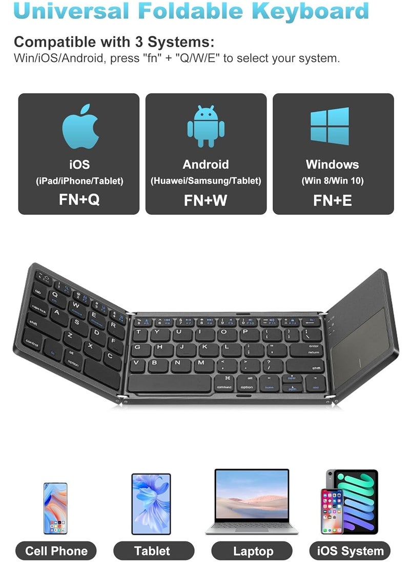 Folding Bluetooth Keyboard, Pocket Size Portable Mini Wireless Keyboard with Touchpad, Portable Ultra-Slim Foldable Keyboard for iPad Tablet Smartphone iOS Android Windows PC, Gray