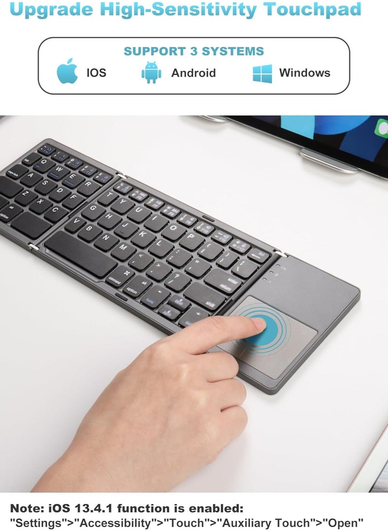 Folding Bluetooth Keyboard, Pocket Size Portable Mini Wireless Keyboard with Touchpad, Portable Ultra-Slim Foldable Keyboard for iPad Tablet Smartphone iOS Android Windows PC, Gray