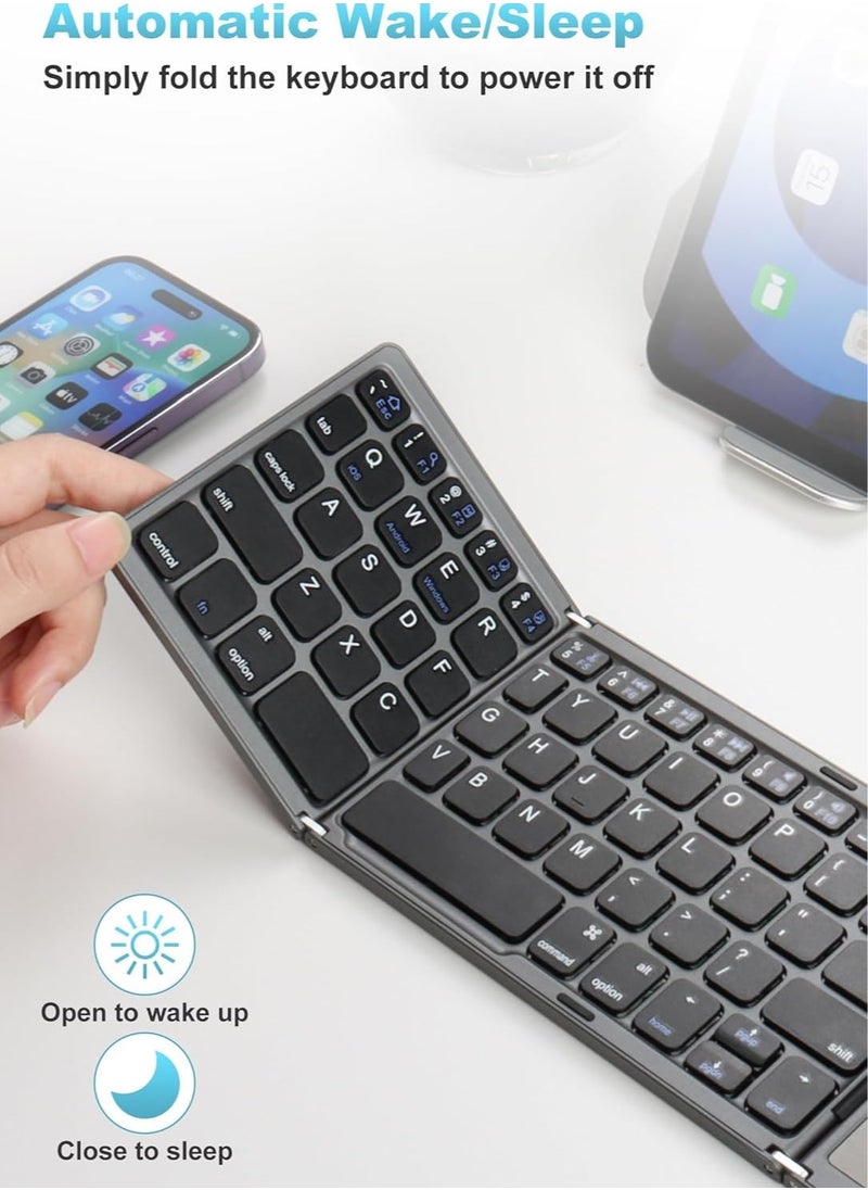 Folding Bluetooth Keyboard, Pocket Size Portable Mini Wireless Keyboard with Touchpad, Portable Ultra-Slim Foldable Keyboard for iPad Tablet Smartphone iOS Android Windows PC, Gray