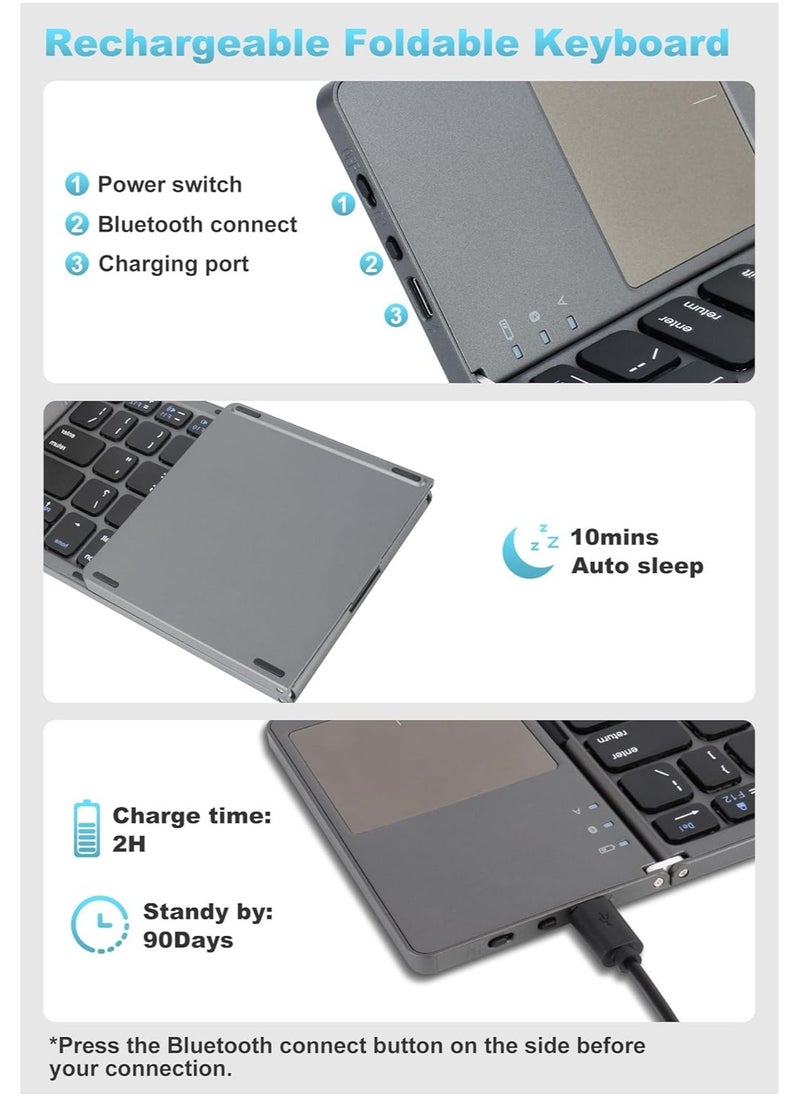 Folding Bluetooth Keyboard, Pocket Size Portable Mini Wireless Keyboard with Touchpad, Portable Ultra-Slim Foldable Keyboard for iPad Tablet Smartphone iOS Android Windows PC, Gray