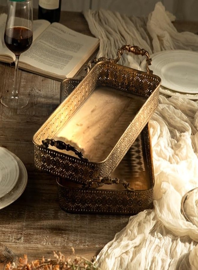 NOONEAU Vintage Gold Serving Tray Set with Handles, Decorative Ottoman & Coffee Table Tray for Living Room, Vanity or Bathroom, 2-Piece Antique Style Nesting Metal Trays with Hollow Carved Edge - Image 1