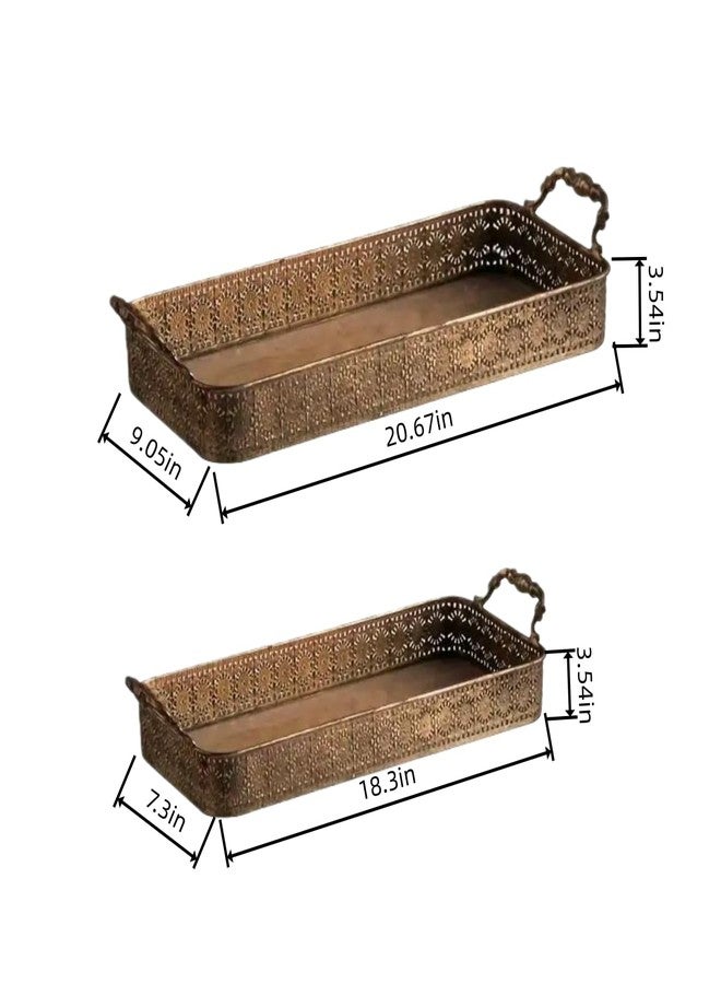 NOONEAU Vintage Gold Serving Tray Set with Handles, Decorative Ottoman & Coffee Table Tray for Living Room, Vanity or Bathroom, 2-Piece Antique Style Nesting Metal Trays with Hollow Carved Edge - Image 2