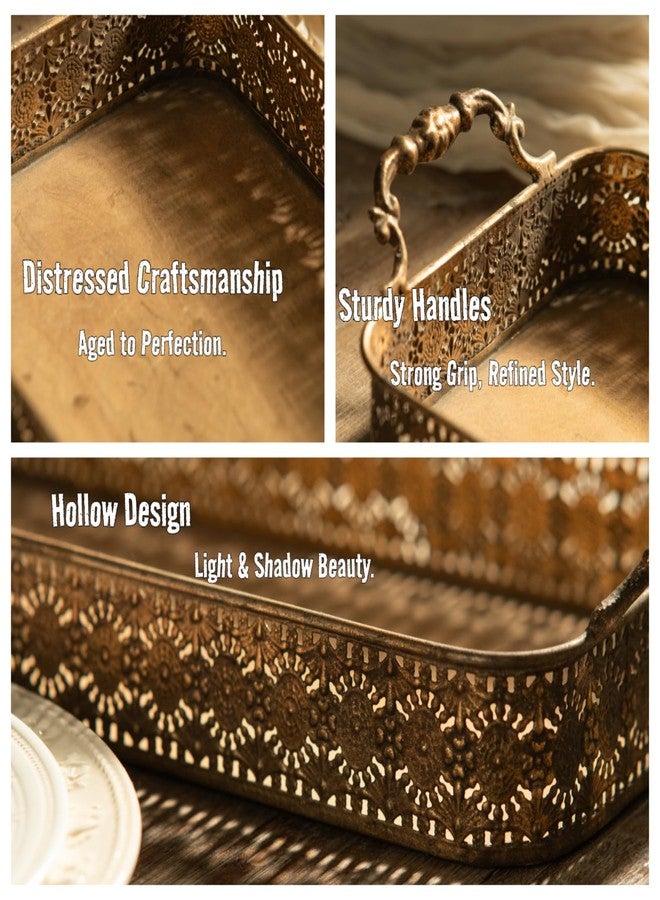 NOONEAU Vintage Gold Serving Tray Set with Handles, Decorative Ottoman & Coffee Table Tray for Living Room, Vanity or Bathroom, 2-Piece Antique Style Nesting Metal Trays with Hollow Carved Edge - Image 4