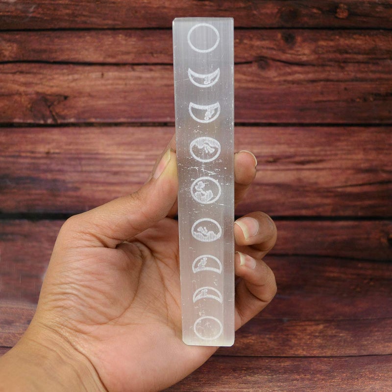 Crystu Moon Phase Engraved Selenite Stick 152 cm 6 inch Crystal Wand for Reiki Healing Home Decor White - Image 2