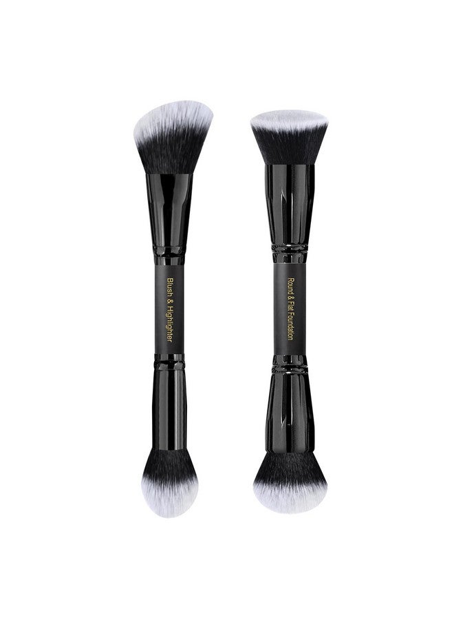 LORYP Black Makeup Brushes 2Pcs Duo End Foundation Powder Brush Set Blush & Highlighter Brush And Round & Flat Foundation Brush - Image 1