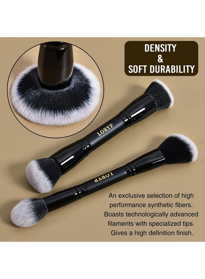 LORYP Black Makeup Brushes 2Pcs Duo End Foundation Powder Brush Set Blush & Highlighter Brush And Round & Flat Foundation Brush - Image 3