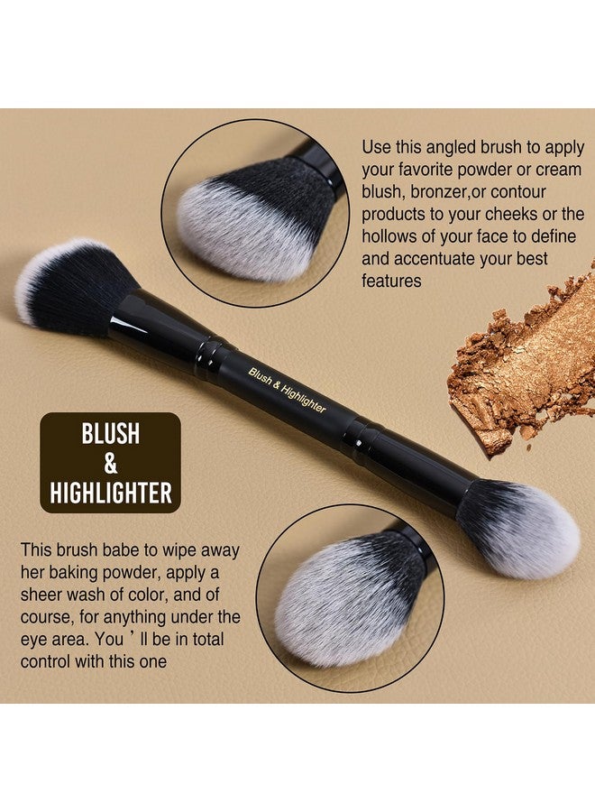 LORYP Black Makeup Brushes 2Pcs Duo End Foundation Powder Brush Set Blush & Highlighter Brush And Round & Flat Foundation Brush - Image 5