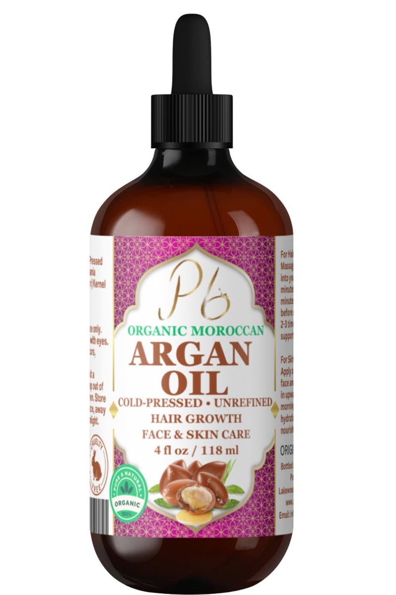 Pomberries Organic Moroccan Argan Oil 100 Pure ColdPressed Virgin Oil for Hair Skin Face Scalp Body Natural Moisturizer Argan Hair Treatment Glass Bottle 4 fl oz