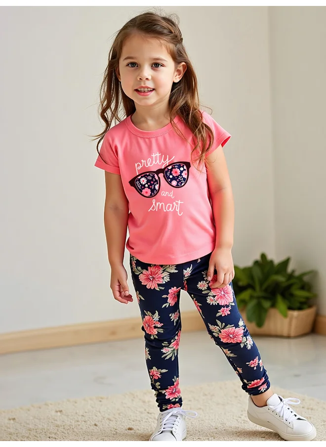 تايك تو Take Two Kids Pink Short Sleeve Floral Printed Leggings Set Pack of 2