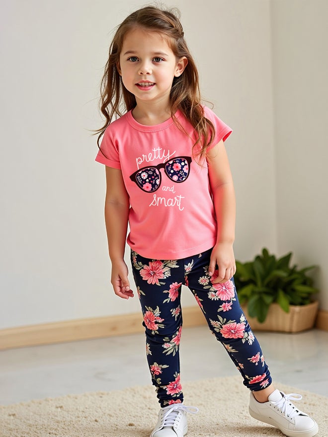 تايك تو طقم ليجنز أطفال وردي بأكمام قصيرة وطبعات زهور - عبوة من 2 - Image 1