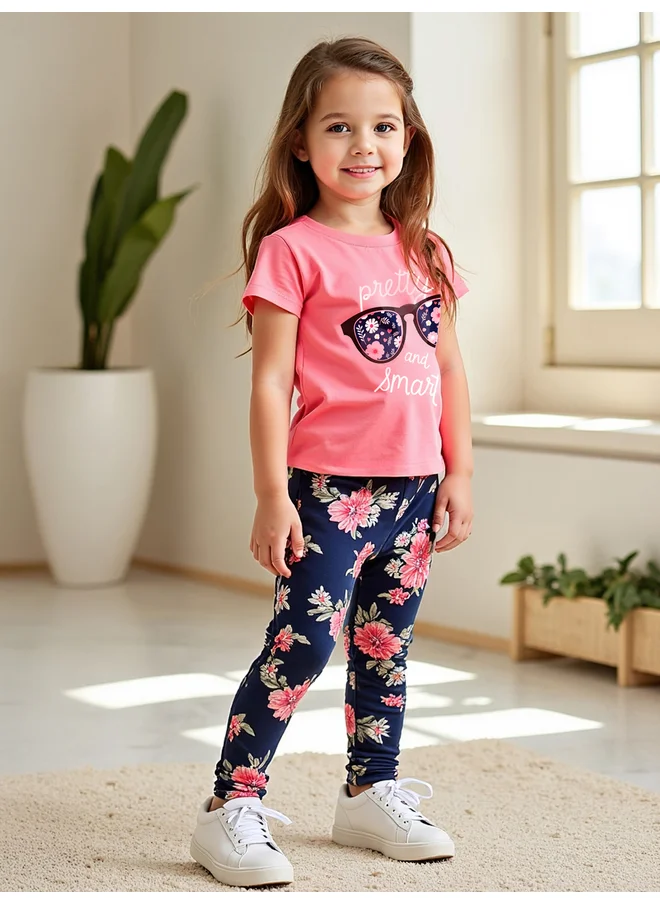 تايك تو Take Two Kids Pink Short Sleeve Floral Printed Leggings Set Pack of 2