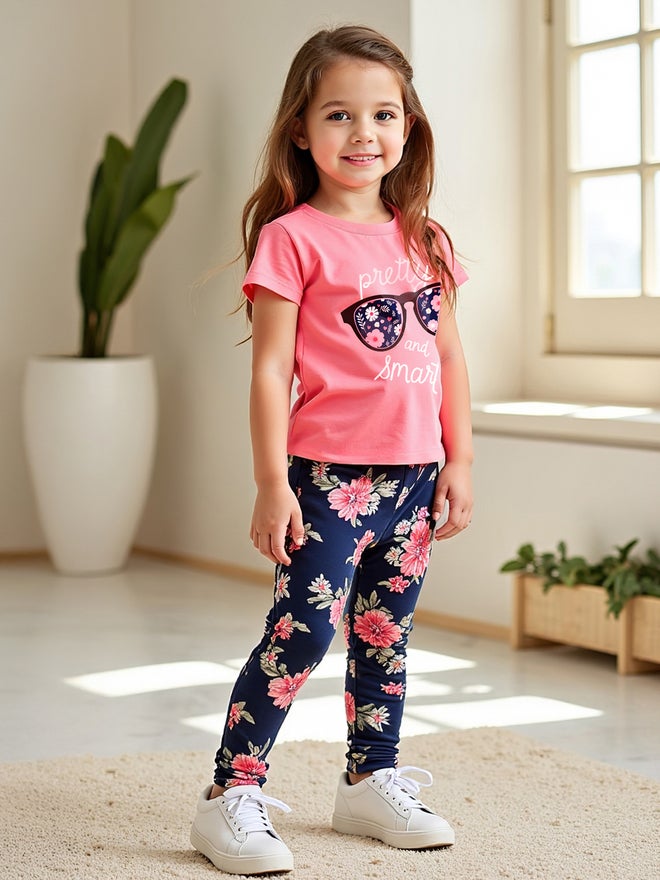 تايك تو طقم ليجنز أطفال وردي بأكمام قصيرة وطبعات زهور - عبوة من 2 - Image 2