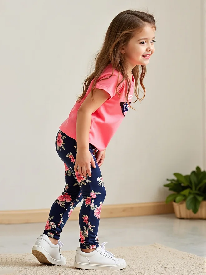 Take Two Take Two Kids Pink Short Sleeve Floral Printed Leggings Set Pack of 2