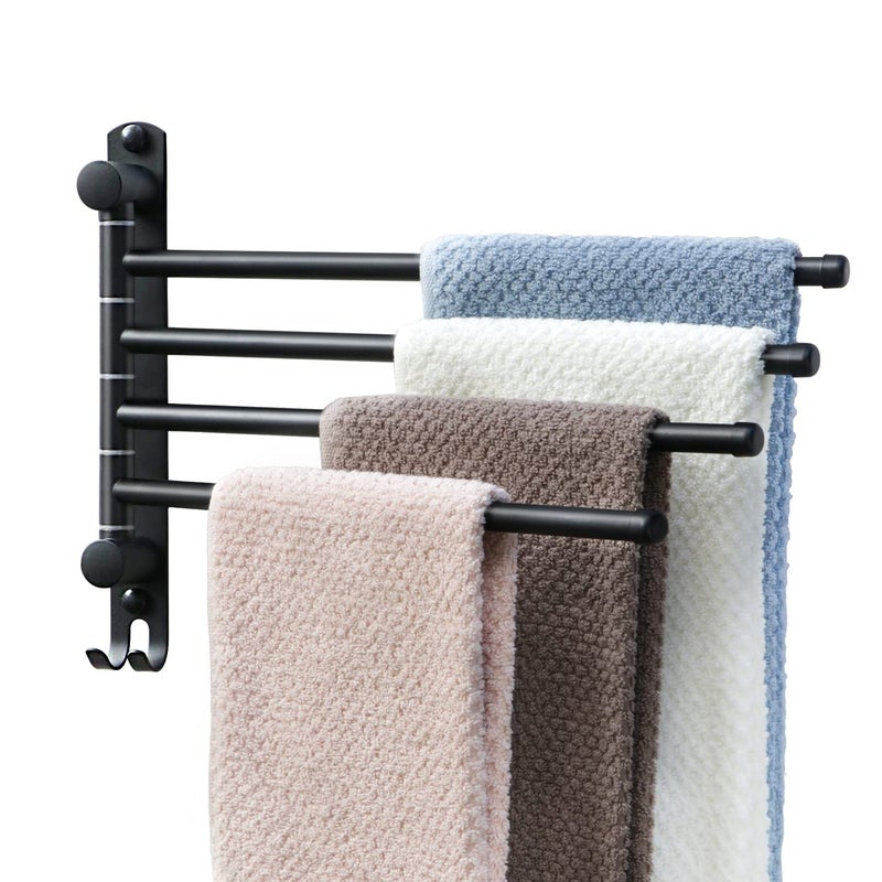Black Towel Rack JSVER Swivel Towel Rack Wall Mounted SUS304 Stainless Steel Towel Bar 4 Arms Space Saving Towel Holder Towel Racks for Bathroom
