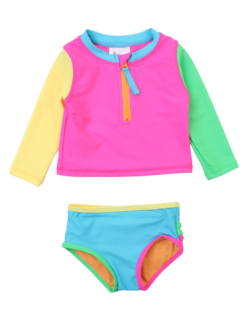 RuffleButts BabyToddler Girls Long Sleeve Rash Guard 2 Piece Swimsuit Set wUPF 50 Sun Protection with Zipper Neon Color Block 3T - Image 2
